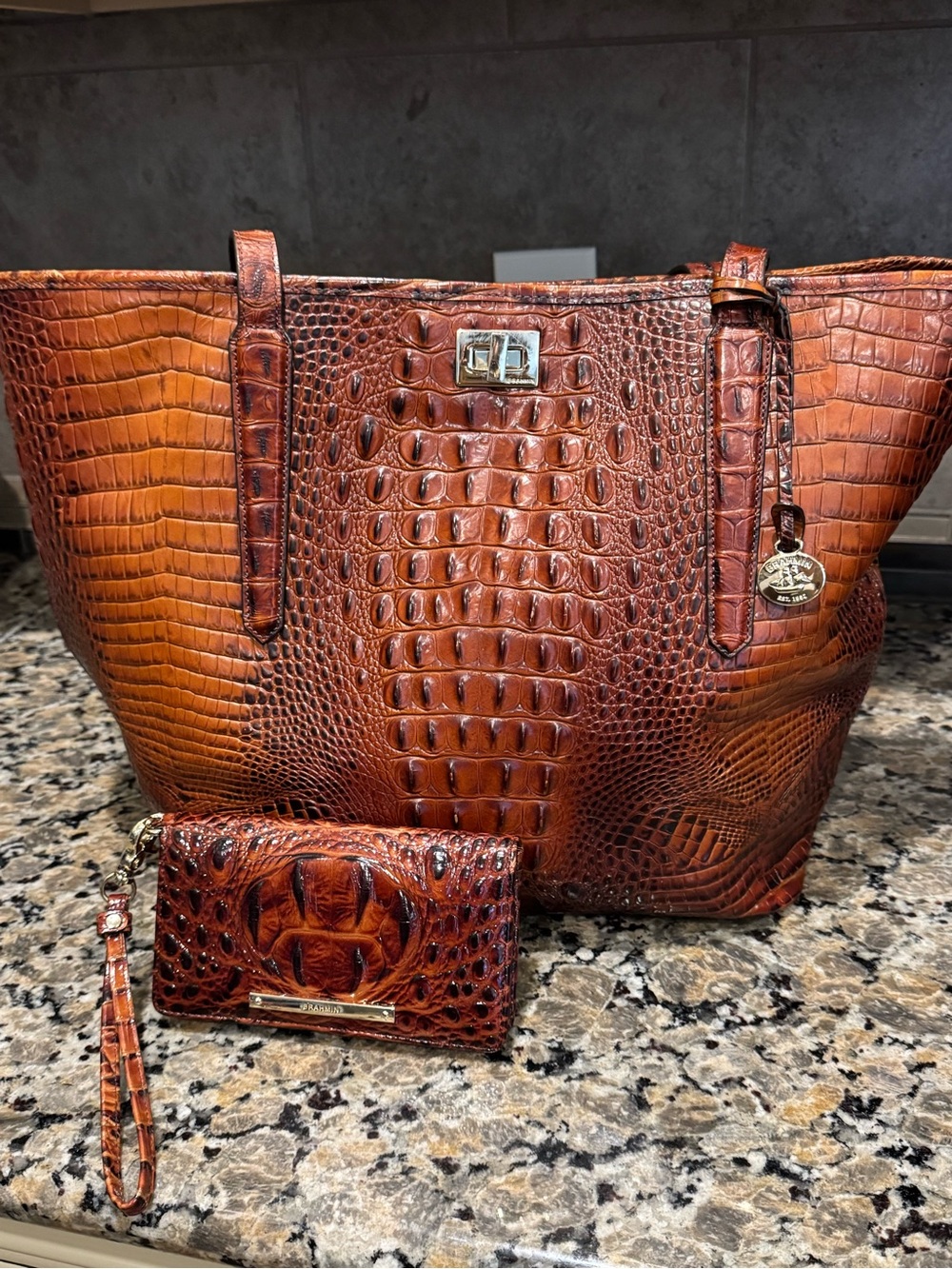Brahmin Cognac Croc-Embossed Leather Tote with Wristlet